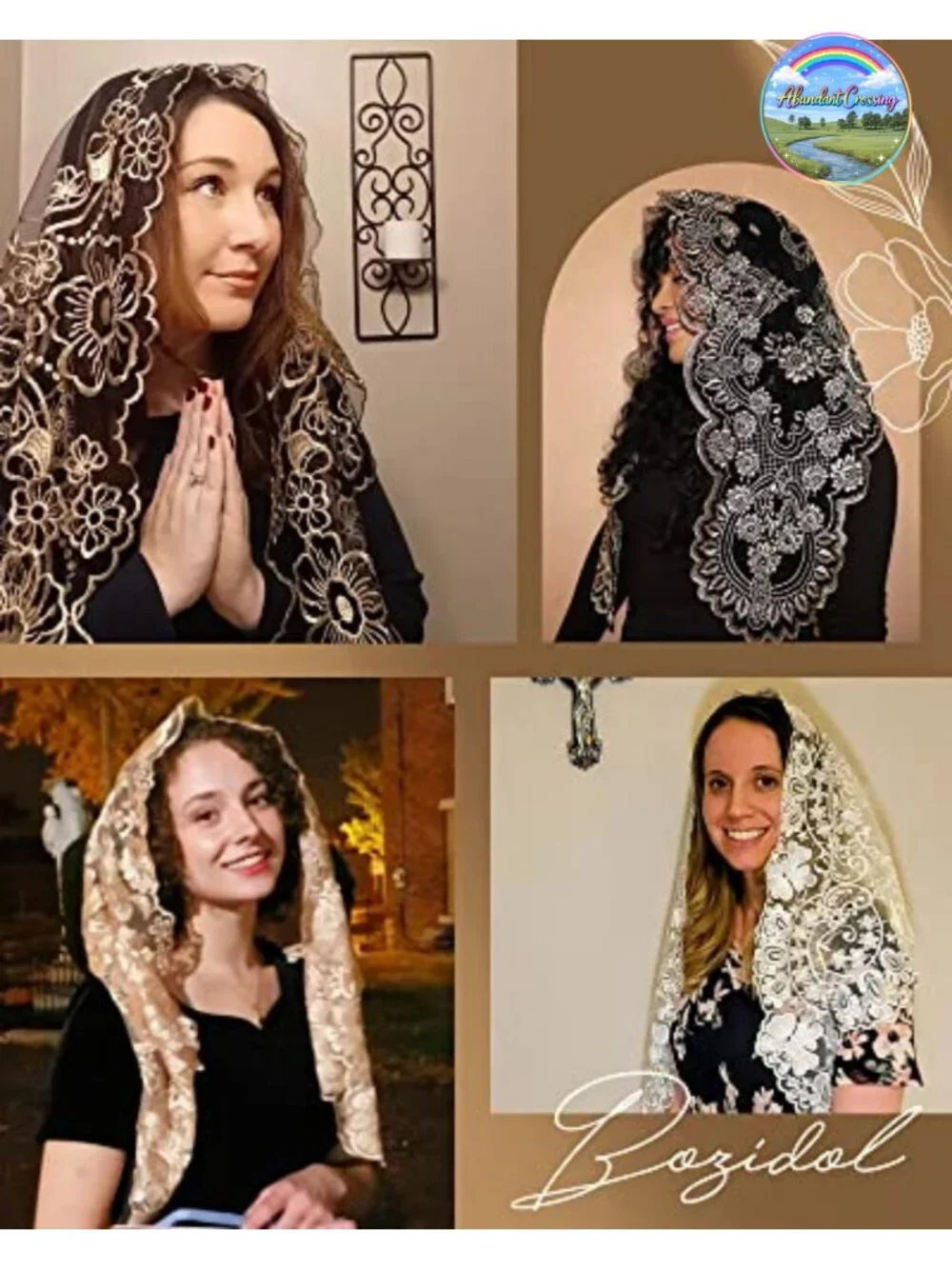 Triangle Catholic Mantilla Veil Floral Lace Scarf Shawl with Hairclips